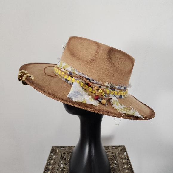 Light Tan Faux Suede Sun Hat with Crystal Gem and Fabric Band - Picture 4 of 10